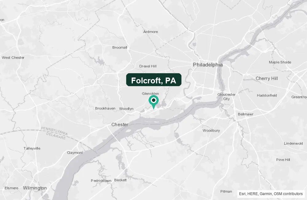 Map of Folcroft, Pennsylvania and the surrounding Delaware County area service area